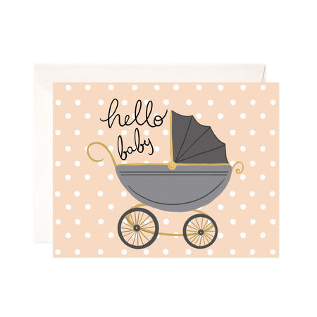 Hello Baby Carriage - Bloomwolf Studio Card That Says Hello Baby, Gray Baby Carriage, Beige With White Dots Background