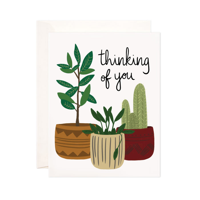 Potted Plants - Bloomwolf Studio Thinking of You Card, Green Plants, Brown, Beige and Red Pots