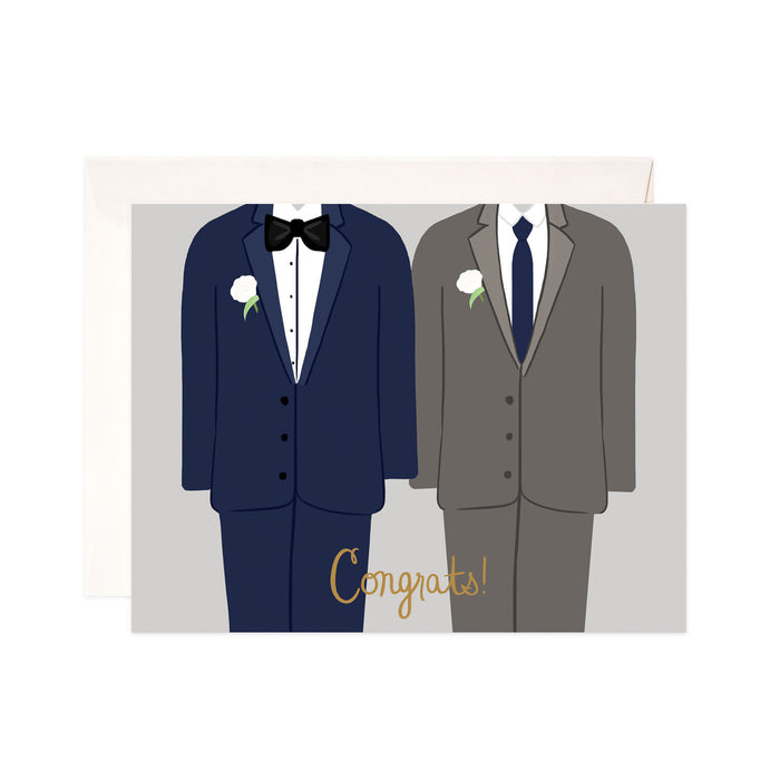 Grooms Congrats - Bloomwolf Studio Card That Says Congrats, 2 Men in a Gray and Dark Blue Suit, White Flower Brooch  Pin