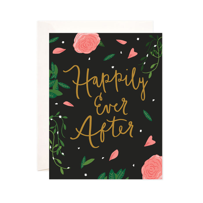 Happily Ever After - Bloomwolf Studio Card That Says Happily Ever After, Black Background, Red Flowers, Green Leaves