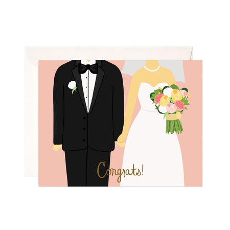 Wedding Congrats - Bloomwolf Studio Card That Says Congrats, Man in Black Suit, Woman in White Wedding Dress Holding a Colorful Bouquet of Flowers 
