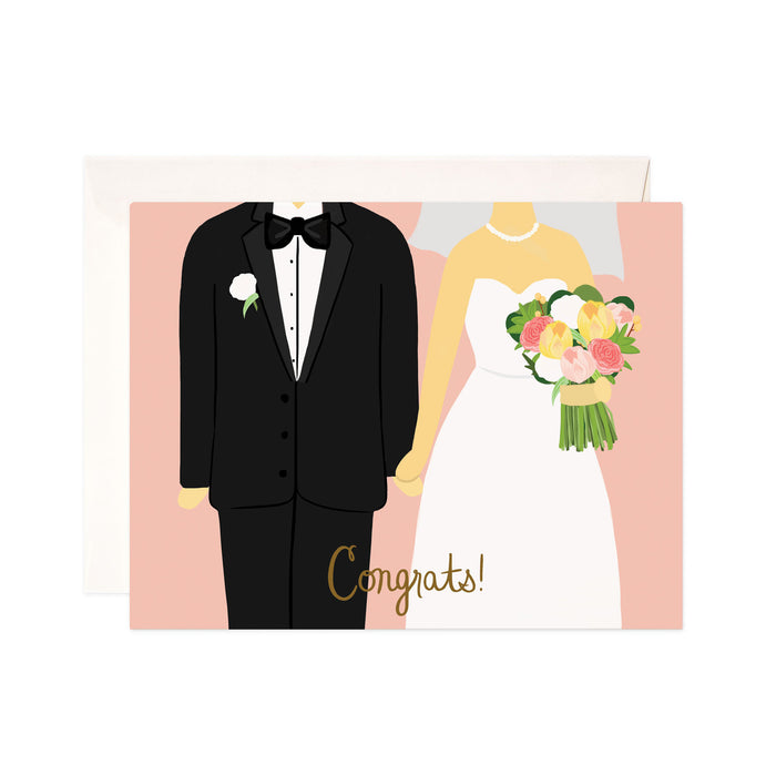 Wedding Congrats - Bloomwolf Studio Card That Says Congrats, Man in Black Suit, Woman in White Wedding Dress Holding a Colorful Bouquet of Flowers 