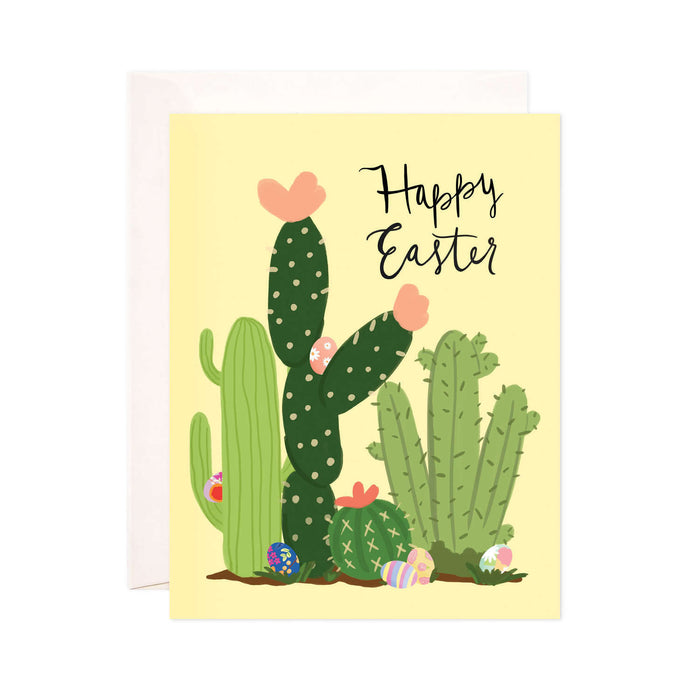 Easter Cactus Field - Bloomwolf Studio Easter Card, Pastel and Bright Colors, Easter Eggs, 4 Green Cacti