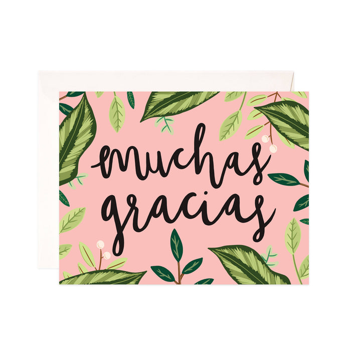 Muchas Gracias - Bloomwolf Studio Card That Says Muchas Gracias, Peach Color, Green Leaves Design