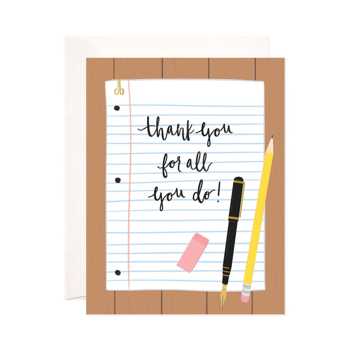 Thank You Note - Bloomwolf Studio Card, Pink Eraser, Black Pen, Yellow Pencil, White Notepad