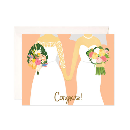 Brides Congrats - Bloomwolf Studio Card That Says Congrats, 2 Brides in White Wedding Dress Holding Hands, Colorful Bouquets