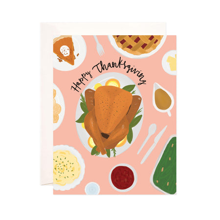 Thanksgiving Dinner - Bloomwolf Studio Thanksgiving Card, Turkey, Apple Pie, Cake, White Spoon, Forks and Plates