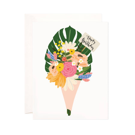 Birthday Bouquet - Bloomwolf Studio Birthday Card, Bouquet of Yellow, Pink, Beige, White and Blue Flowers, Monstera Leaf