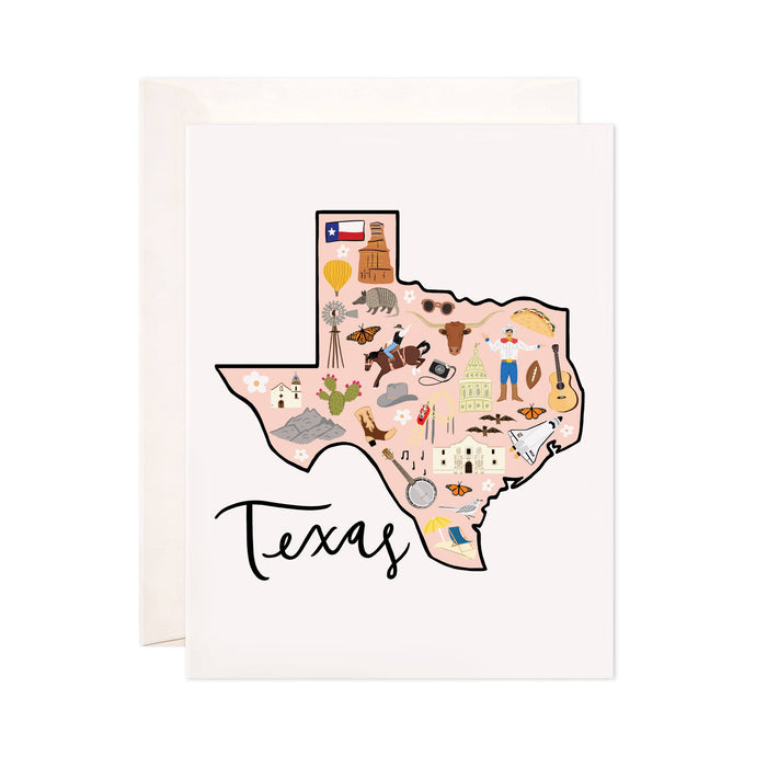 Texas - Bloomwolf Studio Card About Texas, Peach Background, Bright Colors, City Landmarks + Historical Places + Notable Places, Things to Do