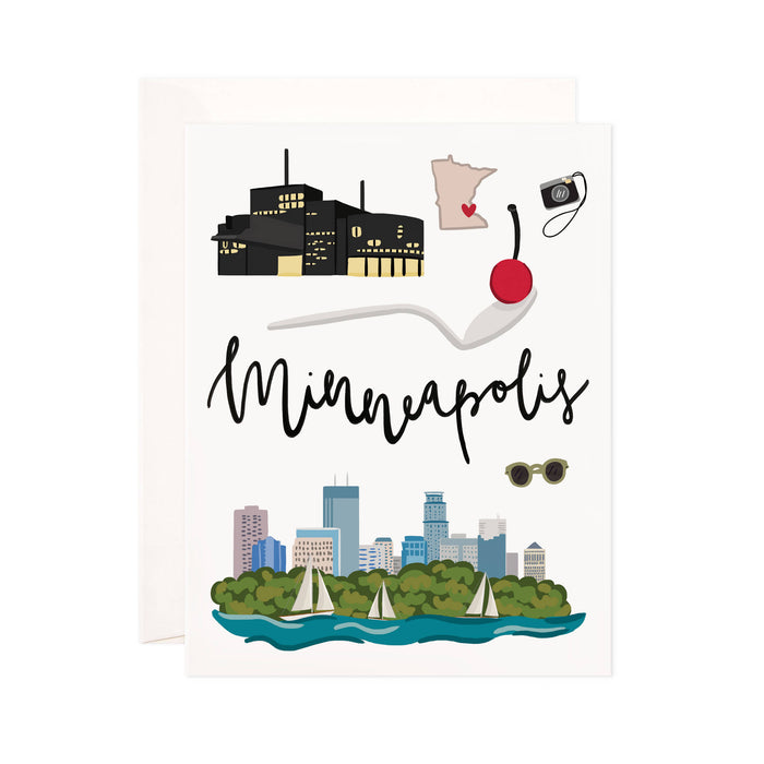 Minneapolis - Bloomwolf Studio Card About Things to Do in Minneapolis, City Landmarks + Historical Places + Notable Places, Green, Blue, Black, Yellow, Red