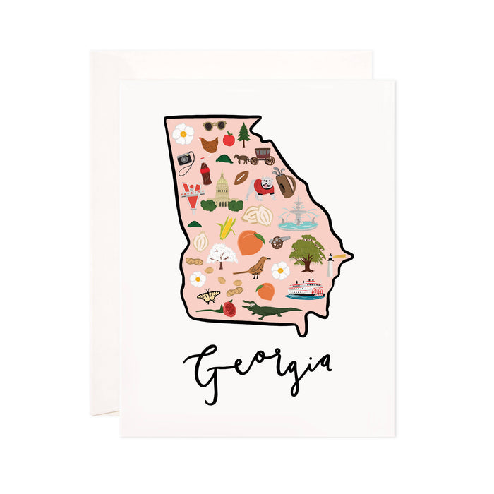 Georgia - Bloomwolf Studio Card of Georgia Map, Bright Colors, Things to Do, City Landmarks + Historical Places + Notable Places 