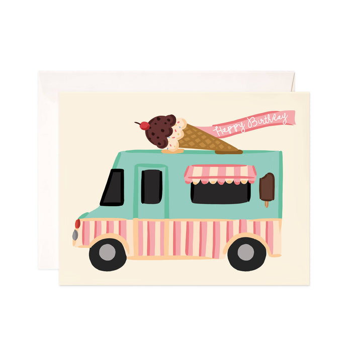 Ice Cream Birthday - Bloomwolf Studio Birthday Card, Green and Pink Truck, Chocolate Vanilla Ice Cream in a Cone 