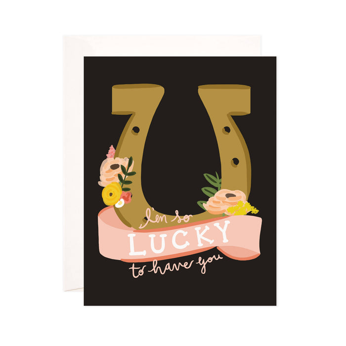 Lucky to Have You - Bloomwolf Studio Print That Says I'm So Lucky to Have You, Brown Horseshoe, Peach Flowers