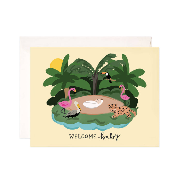 Baby Jungle - Bloomwolf Studio Card That Says Welcome Baby, Jungle Animals, Green Island, Yellow Sun 