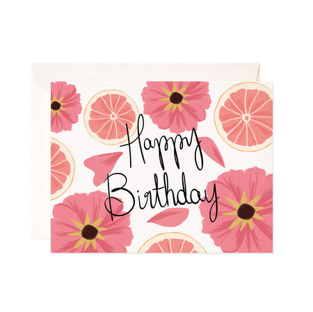Birthday Grapefruit - Bloomwolf Studio Birthday Card, Pink Flowers and Grapefruits