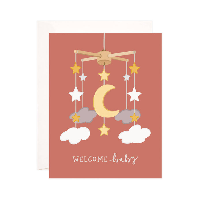 Baby Mobile - Bloomwolf Studio Card That Says Welcome Baby, Neutral Colors, Decor, Yellow Moon and Stars 