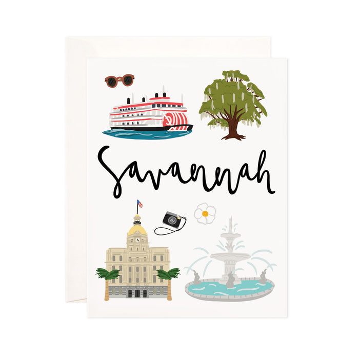 Savannah - Bloomwolf Studio Card About Savannah, City State Landmarks + Historical Places + Notable Places, Things to Do, Green, Blue, White Colors 