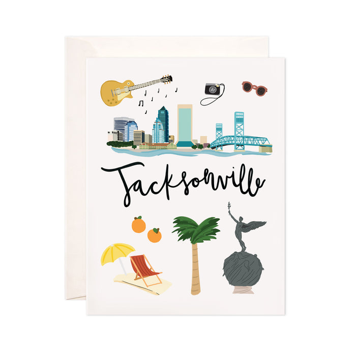 Jacksonville - Bloomwolf Studio Card About What to Do in Jacksonville, Neutral, Bright Colors, City Landmarks + Historical Places + Notable Places, Beach, Cities