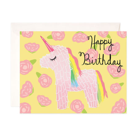 Unicorn Birthday - Bloomwolf Studio Birthday Card, Pink Unicorn, Pink Roses, Yellow Background