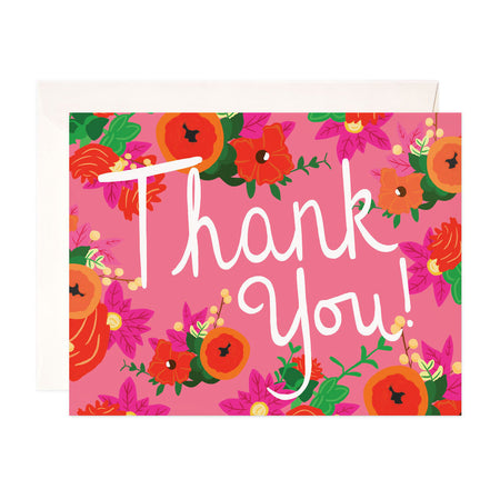 Bloomwolf Thank You - Bloomwolf Studio Thank You Card, Bright Colors, Red, Pink, Orange Flowers, Green Leaves
