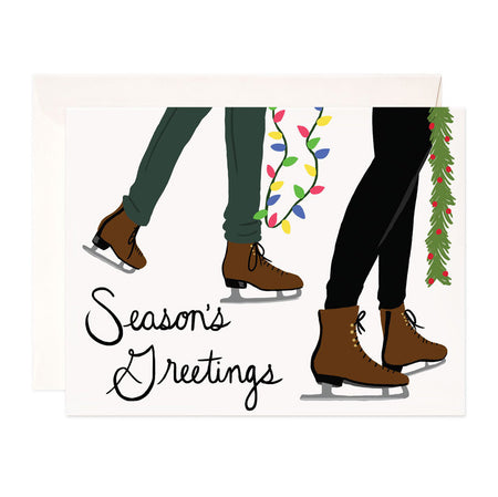 Season's Greetings - Bloomwolf Studio Christmas + Holiday Card, Ice Skating, Brown Skate Shoes, Green and Blue Pants