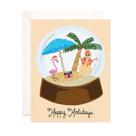 Tropical Christmas + Holiday - Bloomwolf Studio Christmas + Holiday Card, Snow Globe, Pink Flamingo, Blue Umbrella, Sand Snowman