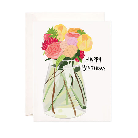 Flower Vase Birthday - Bloomwolf Studio Birthday Card, Pink, Red, Yellow, Beige and Purple Flowers in a Glass Vase