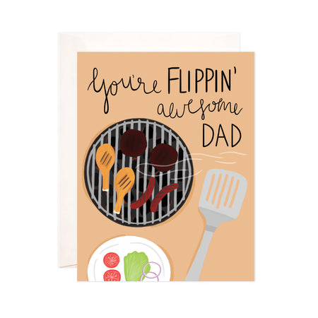 Flippin' Awesome Dad - Bloomwolf Studio Father's Day Card, Neutral Colors, Grilled Steak, Chicken and Hot Dog, Veggies