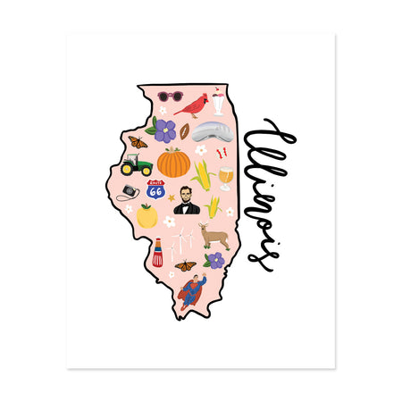 State Art Prints - Illinois - Bloomwolf Studio Print of Illinois Map, Things to Do, Bright Colors, State Landmarks + Historical Places + Notable Places