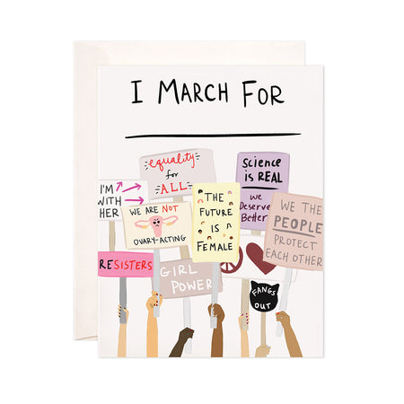 I March for _________ - Bloomwolf Studio Card That Says I March For, Women Protest, Yellow, Pink, Beige and Purple Placards + Signs