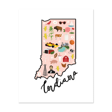 State Art Prints - Indiana - Bloomwolf Studio Print of Indiana Map, Bright Colors, Things to Do, State Landmarks + Historical Places + Notable Places