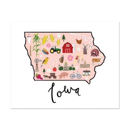 State Art Prints - Iowa - Bloomwolf Studio Print of Iowa Map, Bright Colors, Things to Do, City Landmarks + Historical Places + Notable Places