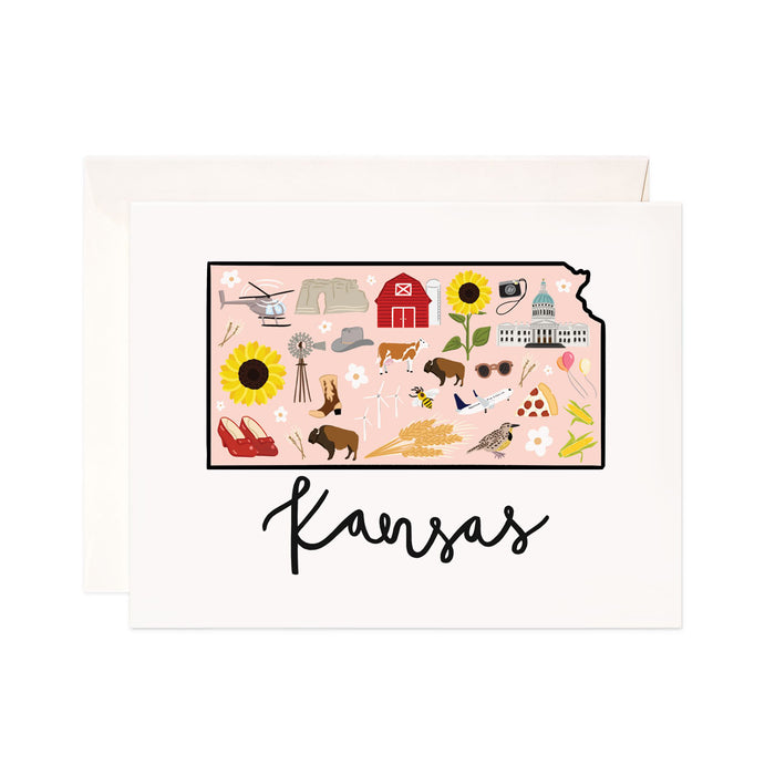 Kansas - Bloomwolf Studio Card About Things to Do in Kansas, Bright Colors, Landmarks + Historical Places + Notable Places, Peach Background Color