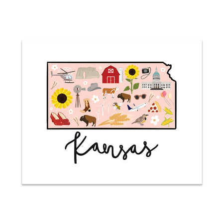 State Art Prints - Kansas - Bloomwolf Studio  Print About Things to Do in Kansas, Bright Colors, Landmarks + Historical Places + Notable Places, Peach Background