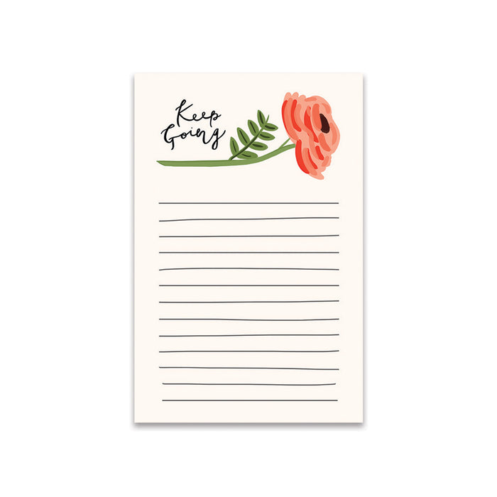 Keep Going Notes Notepad - Bloomwolf Studio Notepad That Says Keep Going, One Stemmed Red Flower, Green Leaves