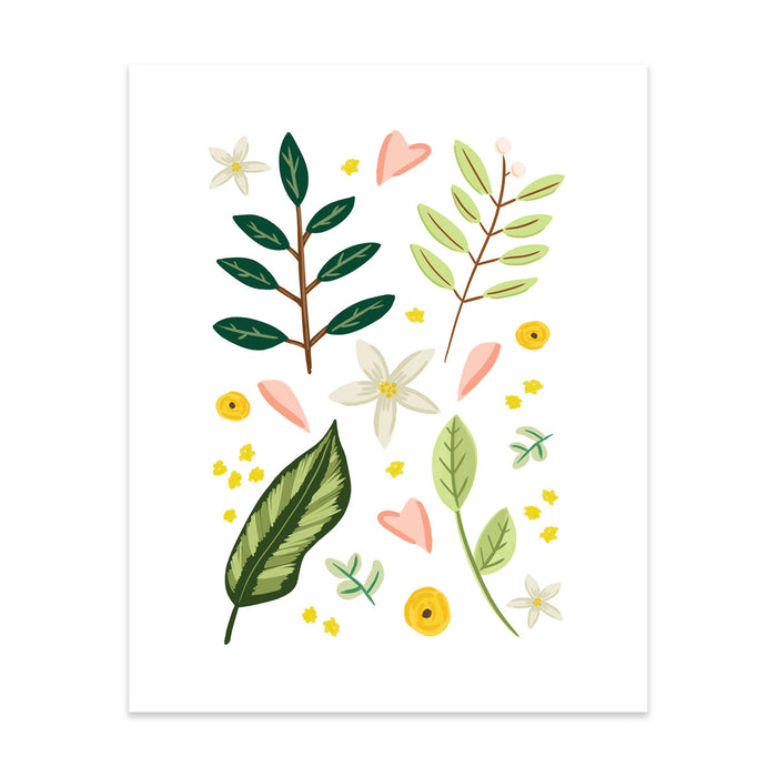 Leaves & Petals Art Print - Bloomwolf Studio Print of Leaves, Greens, Pink, White and Yellow Petals
