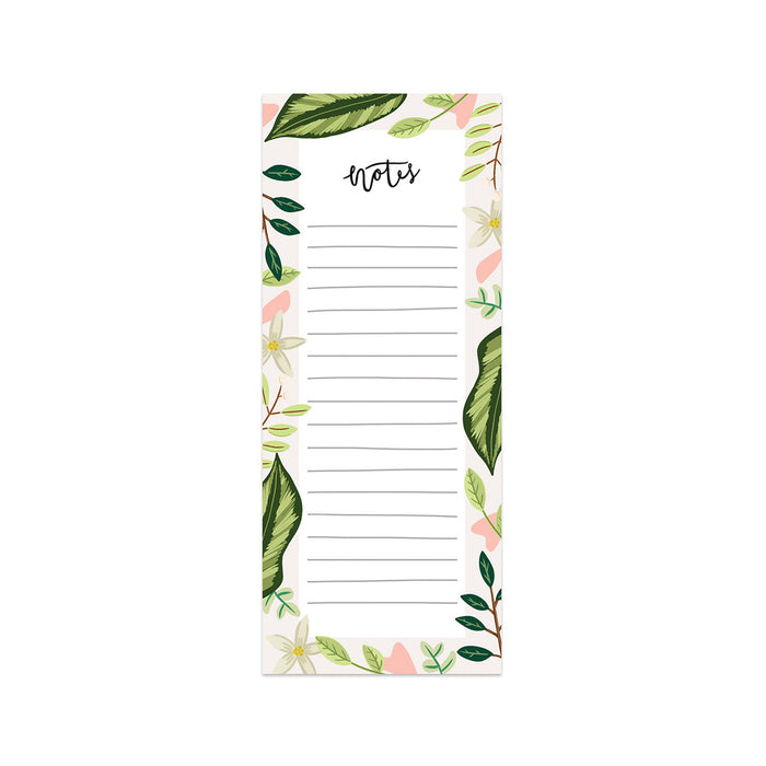 Leaves Notes Notepad - Bloomwolf Studio Notepad That Says Notes, White Flowers, Pink Hearts, Green Leaves