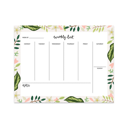 Leaves Weekly Planner - Bloomwolf Studio Weekly List Notepad, White Flowers, Pink Hearts, Green Leaves