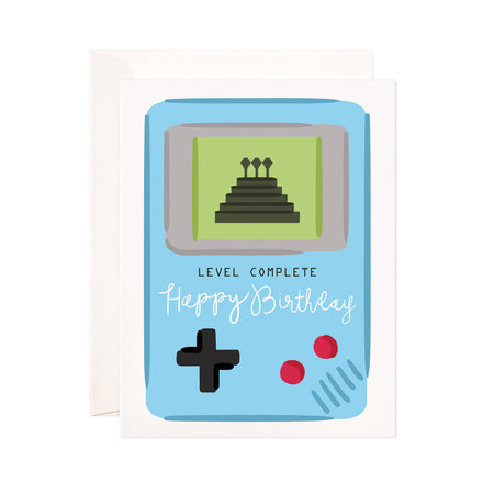 Level Complete Birthday - Bloomwolf Studio Happy Birthday Card, Blue Gaming Device, Green Screen 
