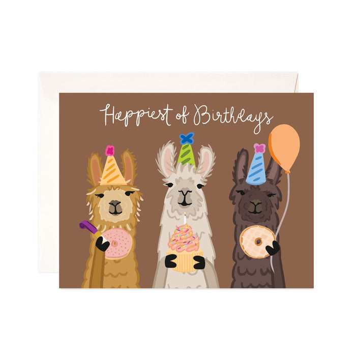 Llama Birthday - Bloomwolf Studio Birthday Card, 3 Orange, Gray, Brown Llama, Pastel Colors Donuts and Cupcake, Party Hats