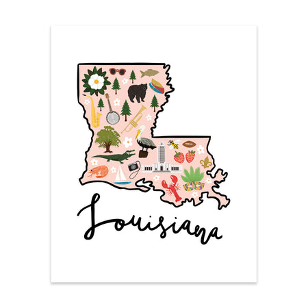 State Art Prints - Louisiana - Bloomwolf Studio Print of Louisiana Map, Things to Do, Bright Colors, State Landmarks + Historical Places + Notable Places