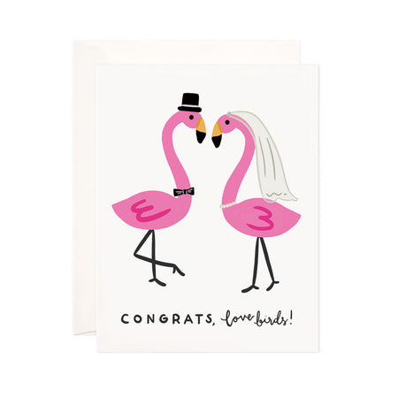 Love Birds - Bloomwolf Studio Card That Says Congrats Lovebirds!, Male and Female Pink Flamingos in Wedding Attire