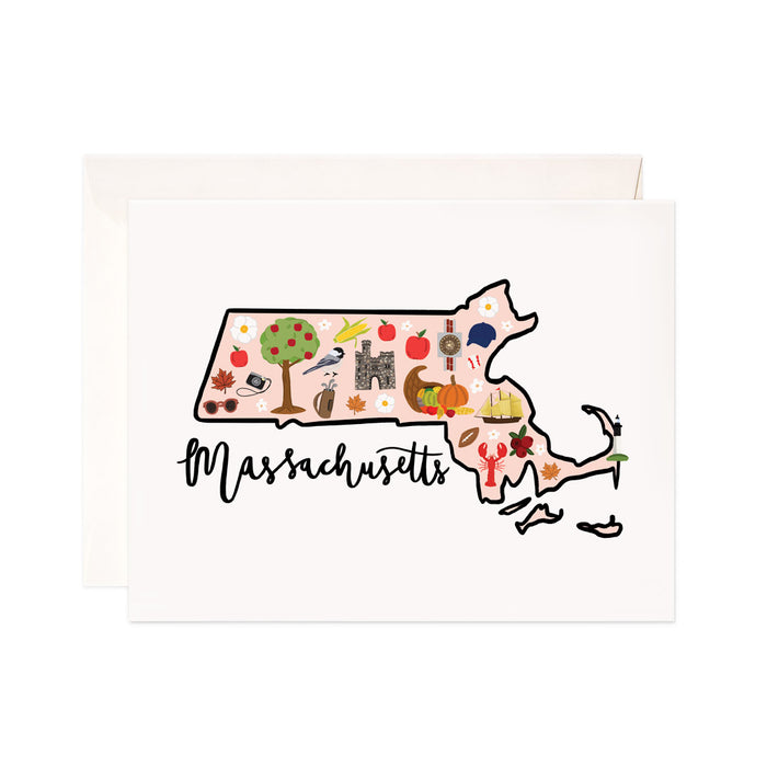 Massachusetts - Bloomwolf Studio Card About Things to Do in Massachusetts, Map, Bright Colors, State Landmarks + Historical Places + Notable Places