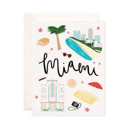 Miami - Bloomwolf Studio Card About Things to Do in Miami, Bright and Pastel Colors, City Landmarks + Historical Places + Notable Places