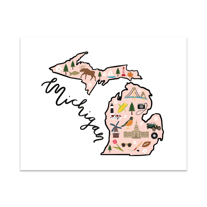 State Art Prints - Michigan - Bloomwolf Studio Print of Michigan Map, Things to Do, Bright Colors, State Landmarks + Historical Places + Notable Places