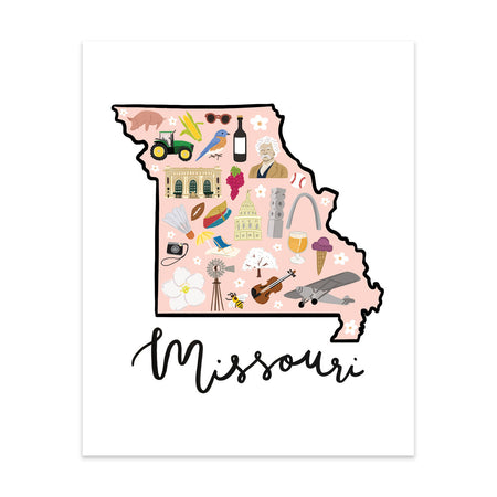 State Art Prints - Missouri - Bloomwolf Studio Print About Things to Do in Missouri, Map, Bright Colors, State Landmarks + Historical Places + Notable Places