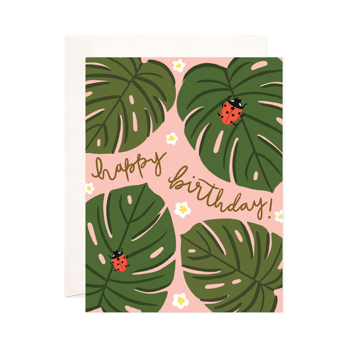 Monstera Birthday - Bloomwolf Studio Birthday Card, Red Bugs, Green Leaves, White Small Flowers