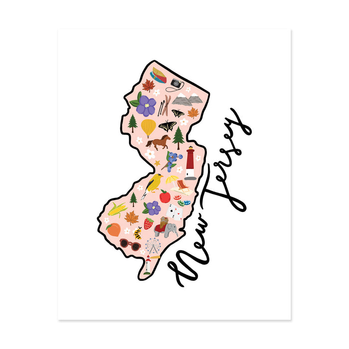 State Art Prints - New Jersey - Bloomwolf Studio Print of New Jersey Map, Things to Do, Bright Colors, State Landmarks + Historical Places + Notable Places