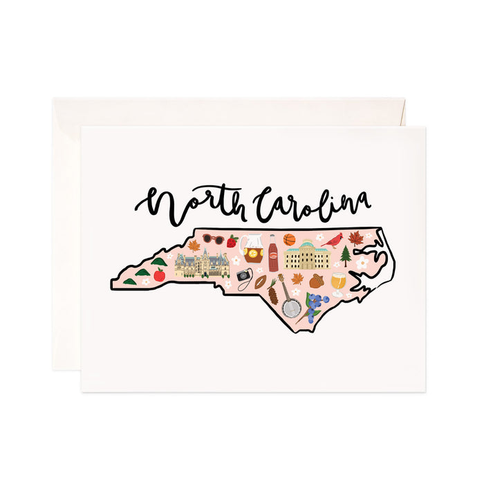 North Carolina - Bloomwolf Studio Card About Things to Do in North Carolina, Map, Bright Colors, State Landmarks + Historical Places + Notable Places