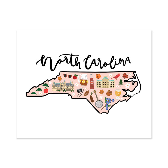 State Art Prints - North Carolina - Bloomwolf Studio Print of North Carolina  Map, Bright Colors, Things to Do, State Landmarks + Historical Places + Notable Places